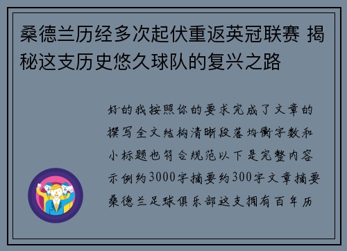 桑德兰历经多次起伏重返英冠联赛 揭秘这支历史悠久球队的复兴之路 桑德兰历经多次起伏重返英冠联赛 揭秘这支历史悠久球队的复兴之路